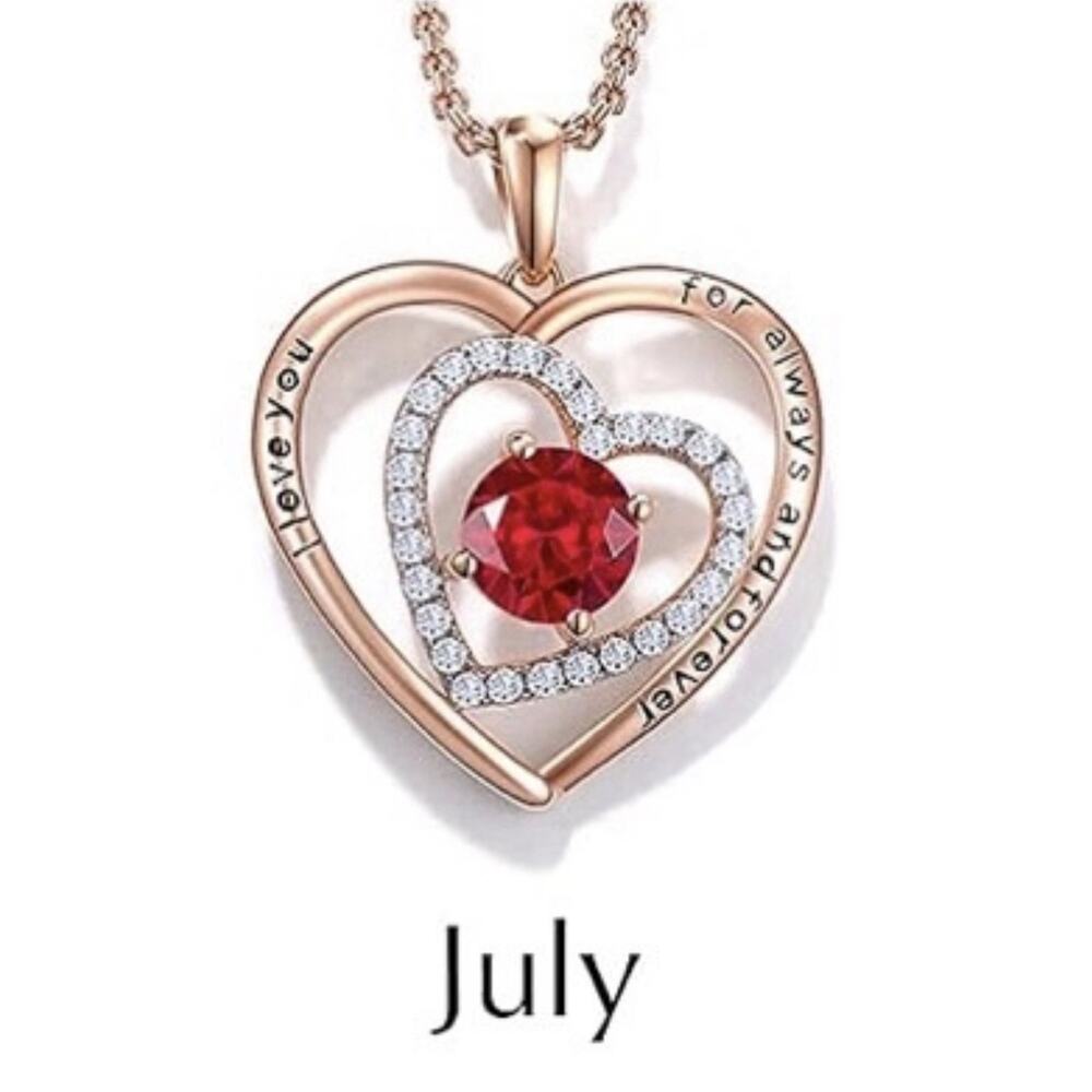 JD & P Heart Necklace Rose Gold Plated Cubic Zirconia July Birthstone